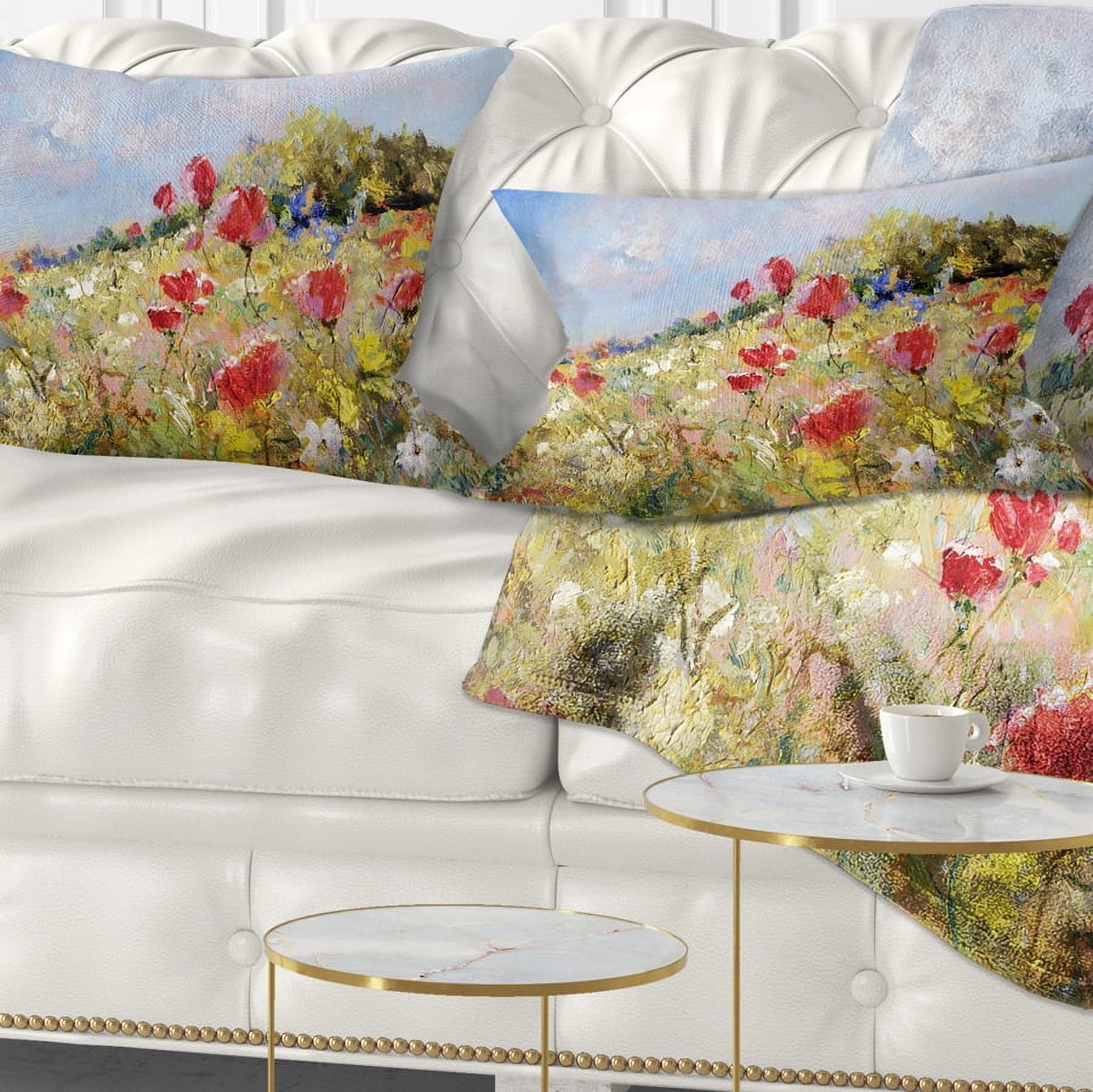 Designart Painted Poppies on Summer Meadow - Landscape Printed Throw Pillow - 12x20
