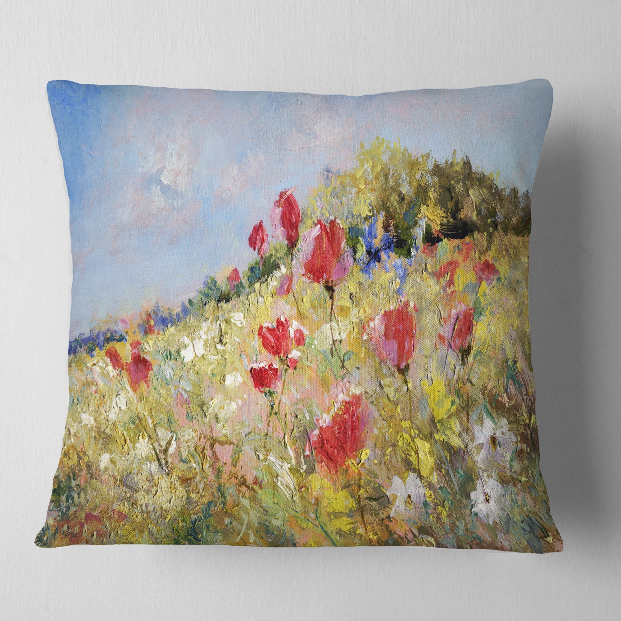 Designart Painted Poppies on Summer Meadow - Landscape Printed Throw Pillow - 16x16