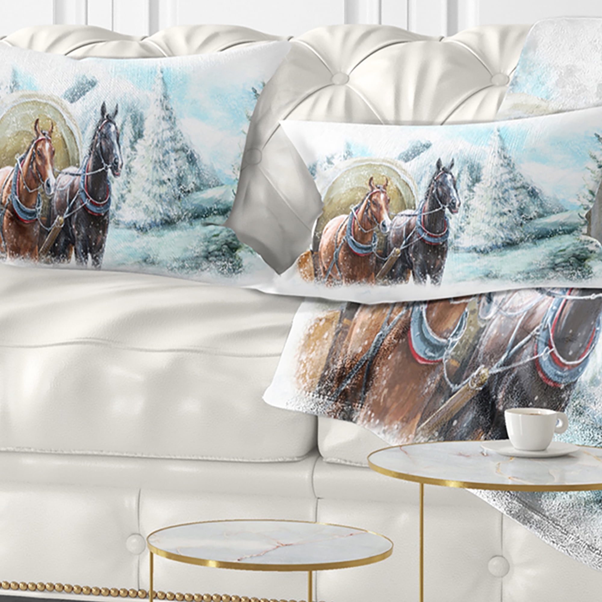 Designart Painted Scene with Horses in Winter - Landscape Printed Throw Pillow - 12x20