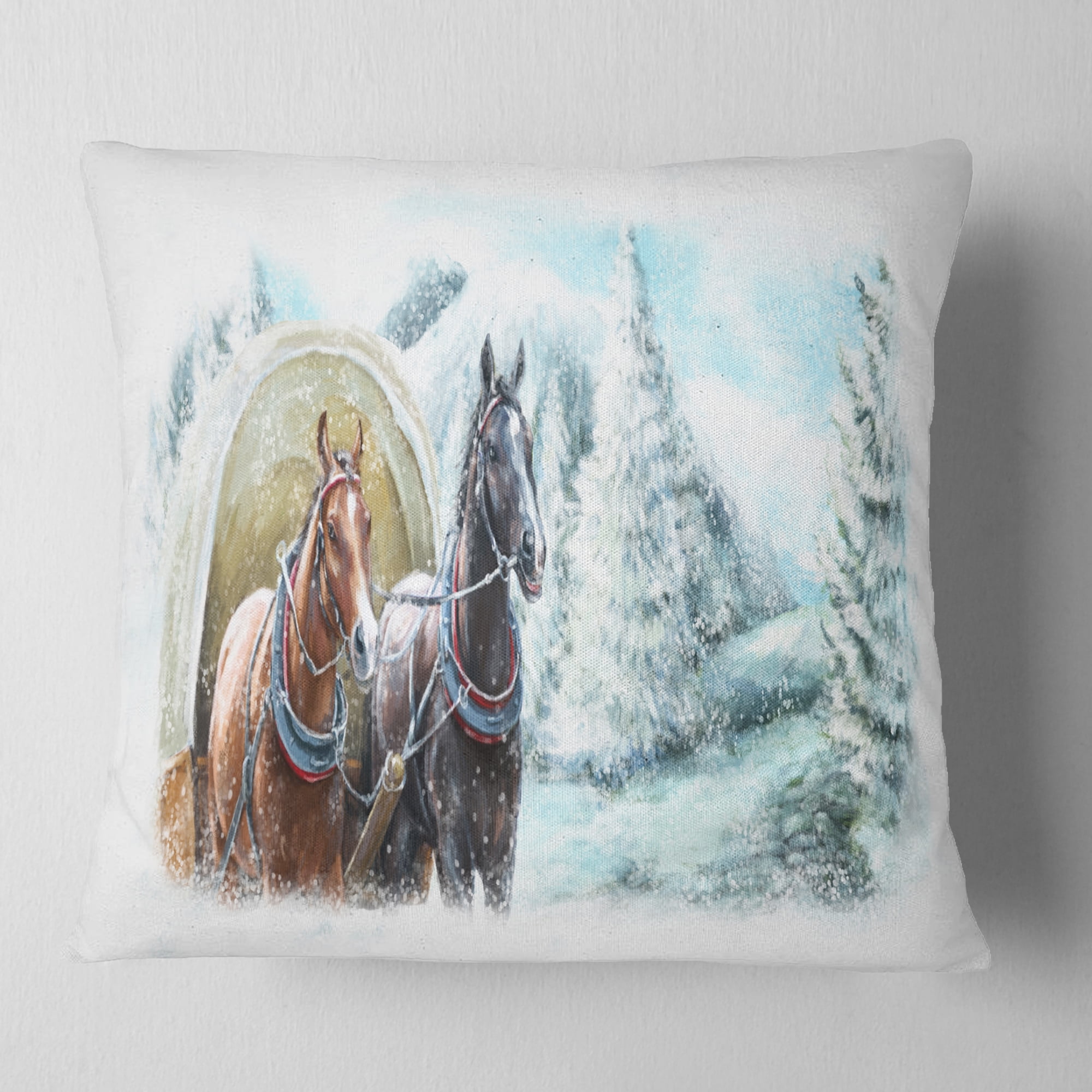 Designart Painted Scene with Horses in Winter - Landscape Printed Throw Pillow - 18x18