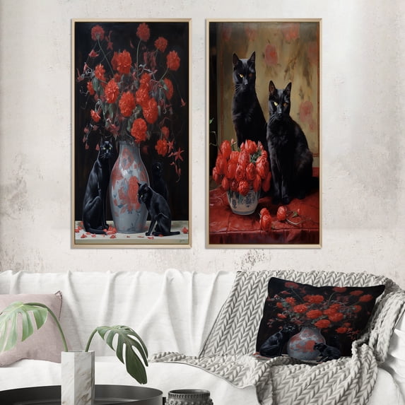Designart "Painting of Two Black Cats with Red Roses II" Animals Cat Framed Wall Art Set Of 2 - Children's Art Black Framed Canvas Set For Living Room Decor