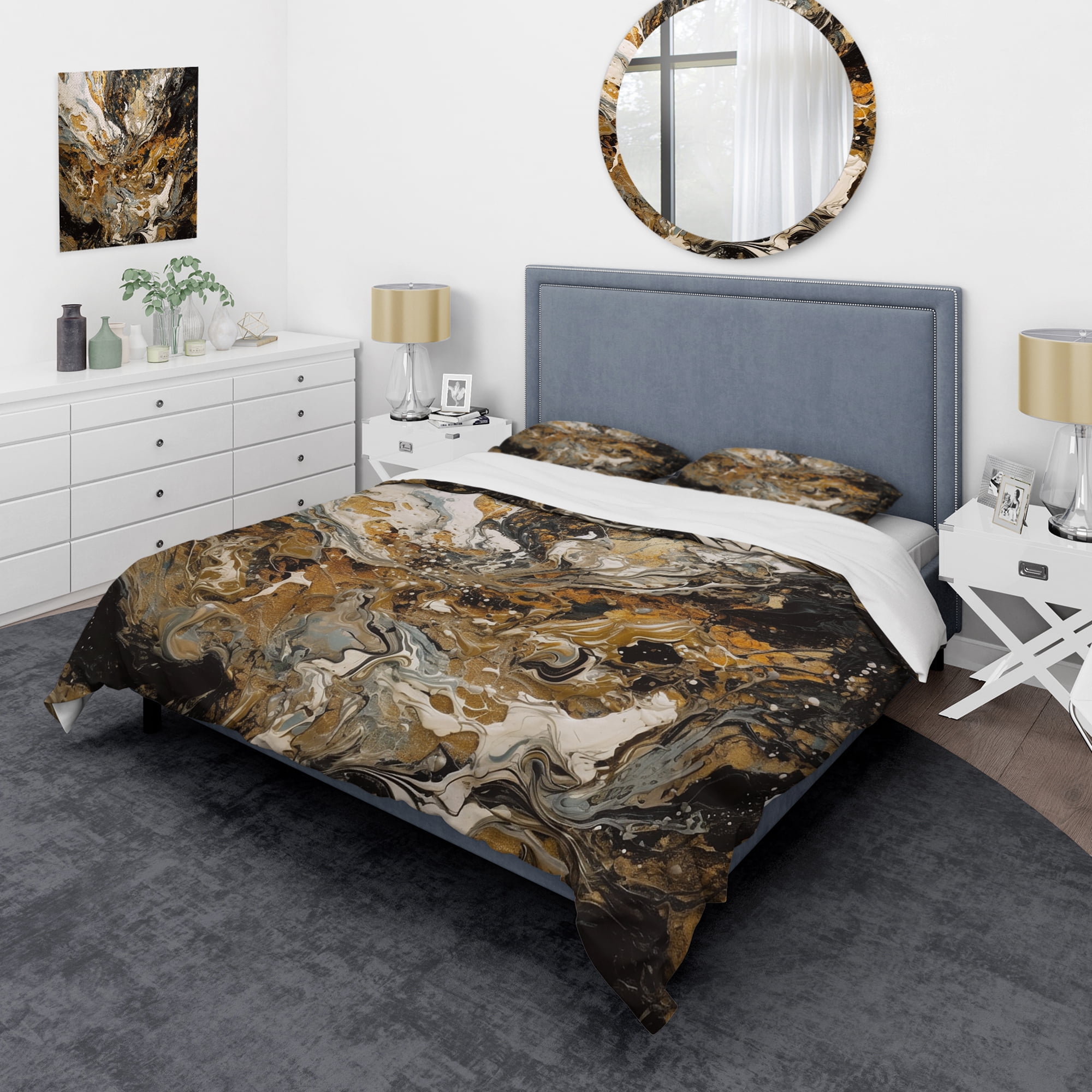 Twin Abstract Marble Swirl Duvet Cover Set in Gold and Black Microfiber