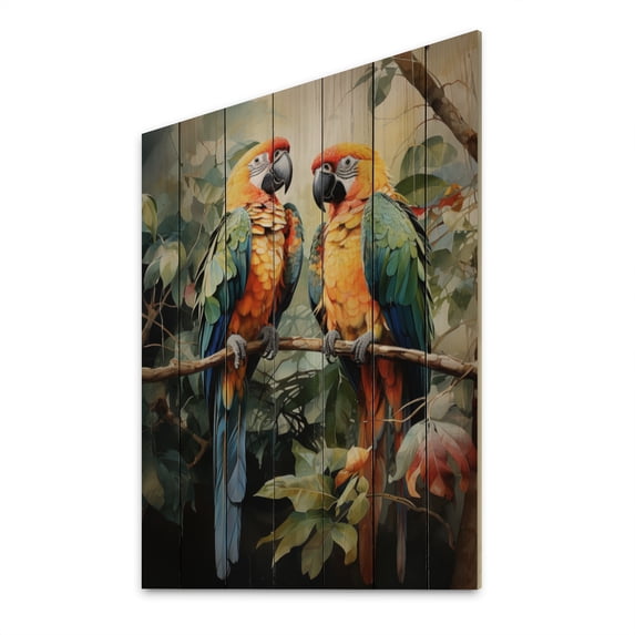 Designart "Pair of Parrots on a Branch III" Animals Print on Natural Pine Wood