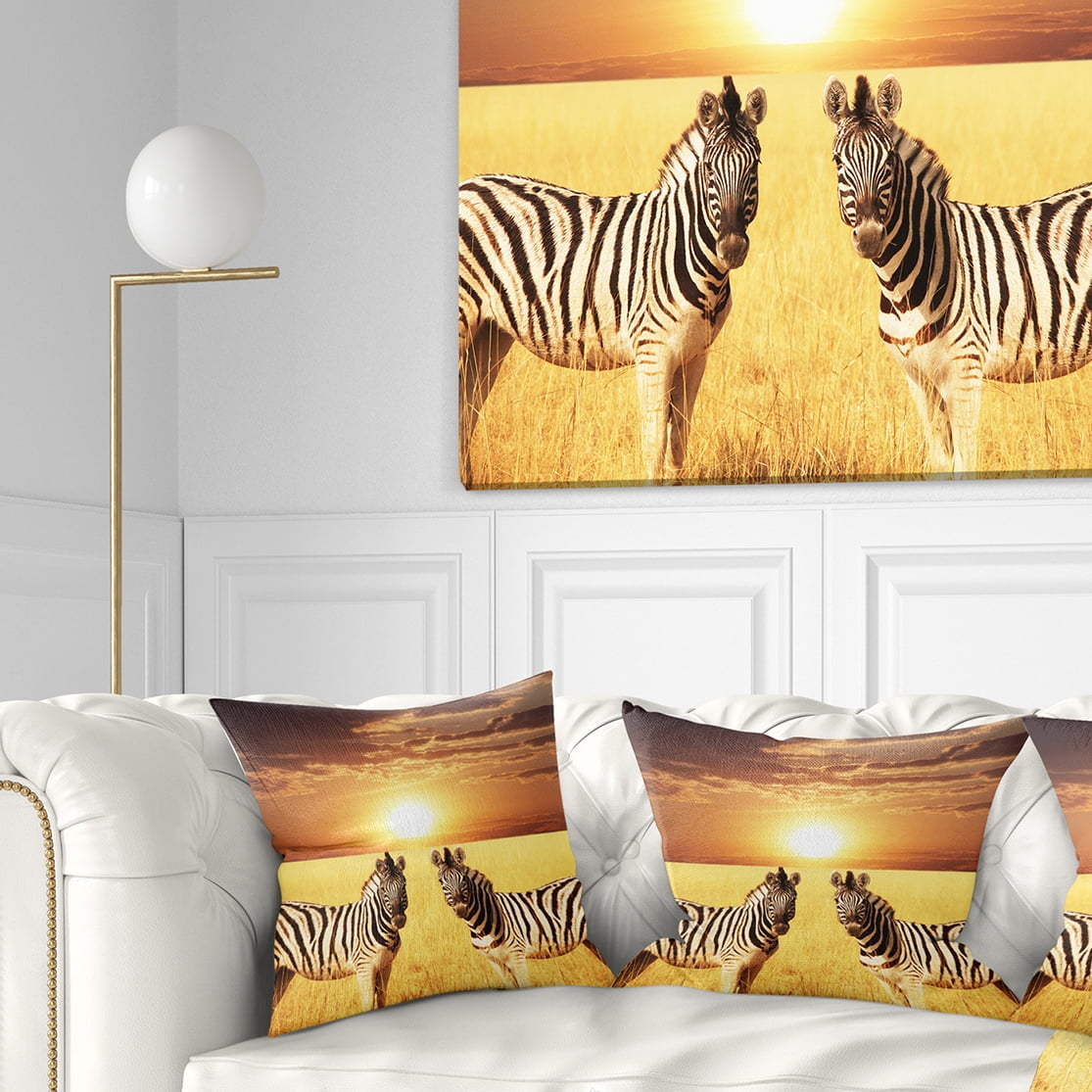 Designart Pair of Zebras in Field At Sunset - African Throw Pillow - 16x16