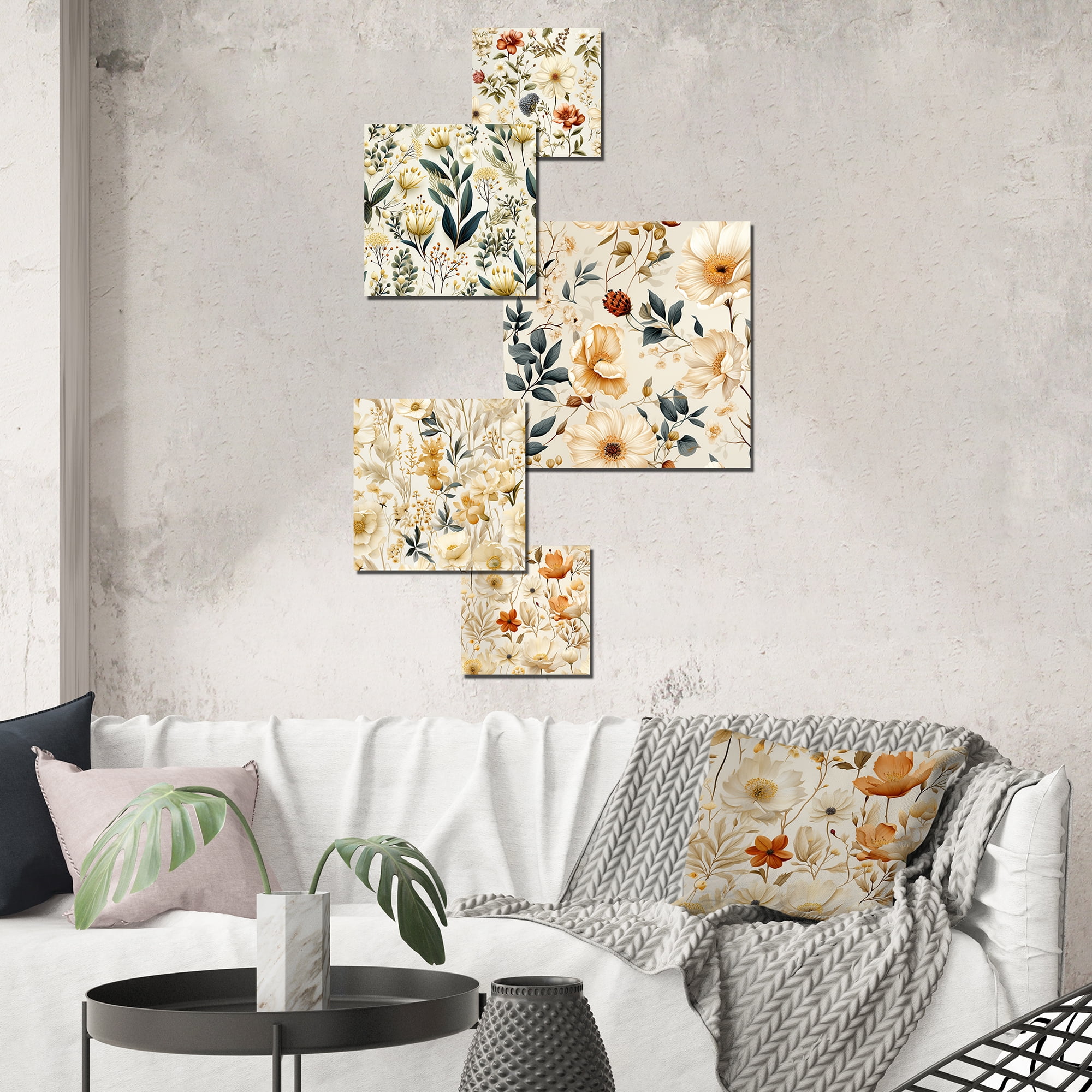 Antique Beige and Green Floral Metal Wall Art Set of 5 Panels