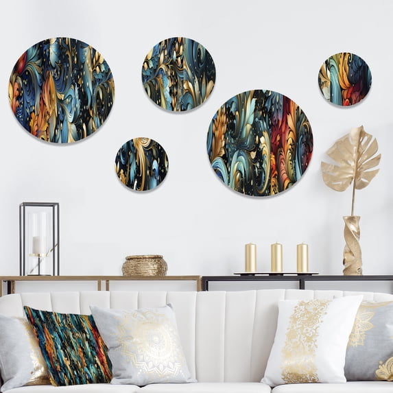 Designart "Paisley Patterns With Celestial Essence I" Floral Round Wall Art Set Of 5 - Multicolor Glam Hallway Metal Art Print Set