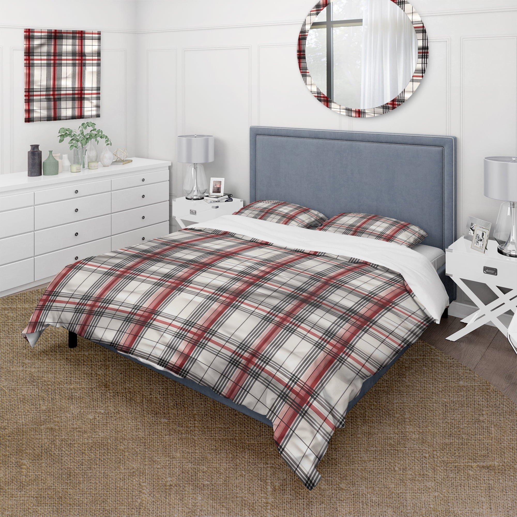 Twin Red and White Plaid Microfiber Duvet Cover Set