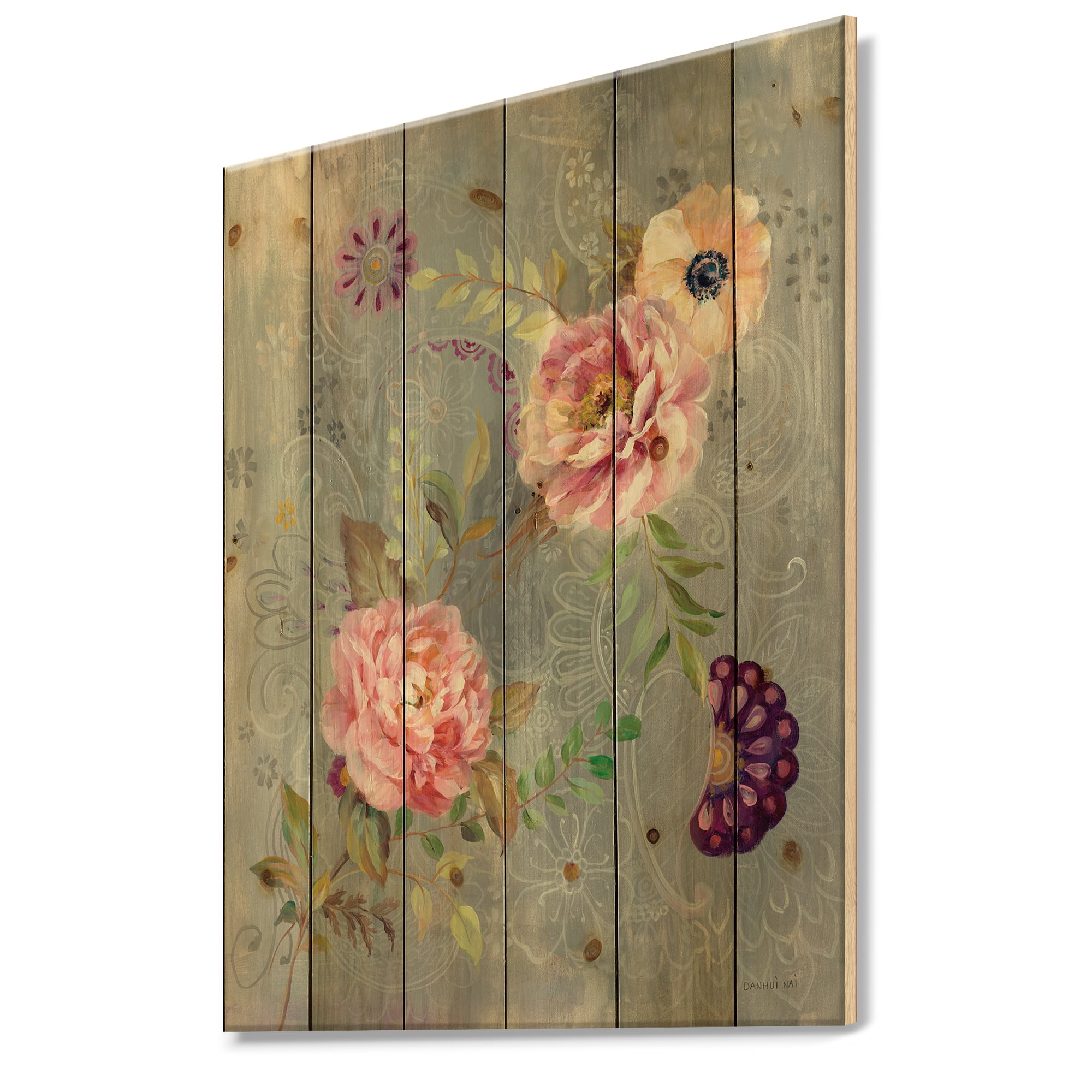 Designart 'Paisley and Peonies' Cabin & Lodge Print on Natural Pine Wood