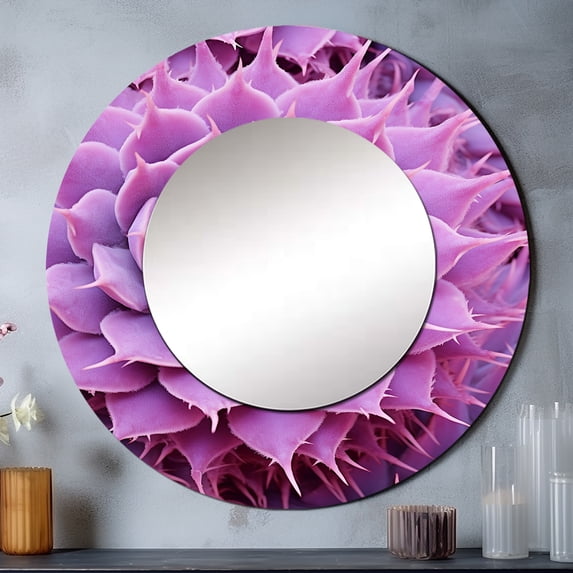 Designart "Pale Purple Cactus Royalty" Cactus Rund Mirror For Wall Decor - Large Purple Round Print Mirror - Round Traditional Mirror - Wall Mounted Round Large Mirror - 23" x 23"