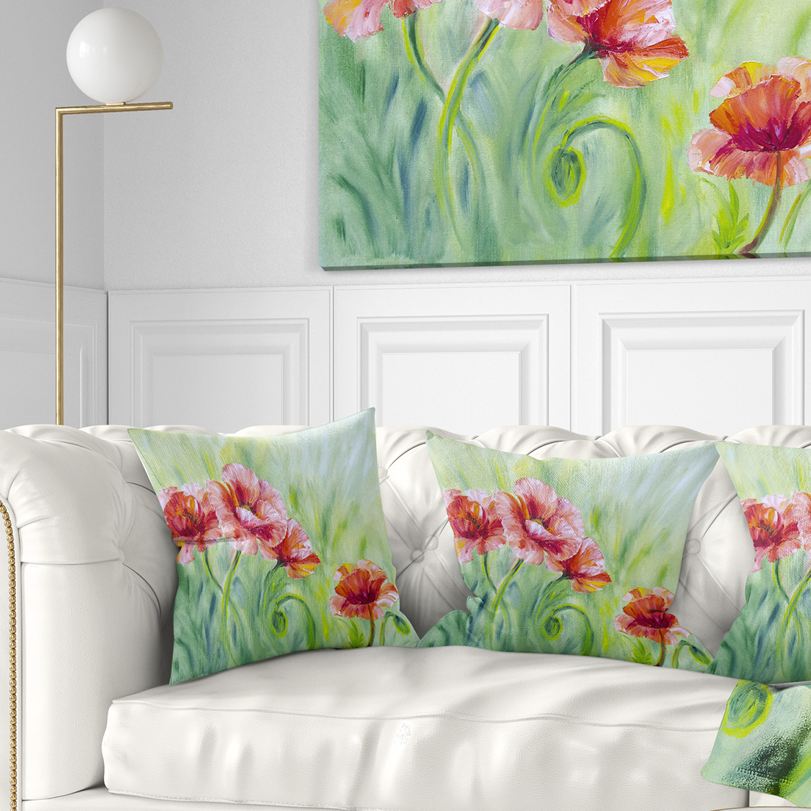 Designart Pale Red Poppies - Floral Throw Pillow - 16x16