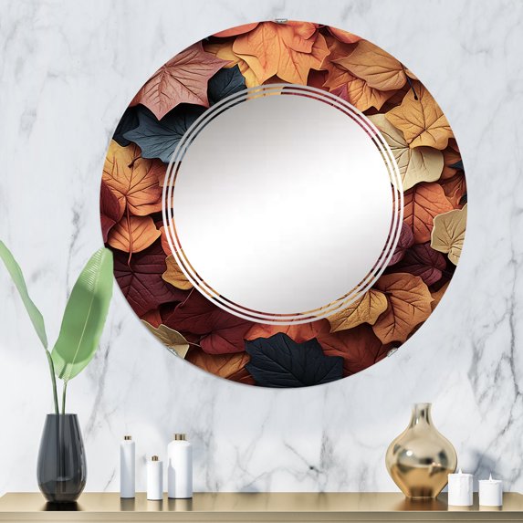 Designart "Palette Muted Leaves Autumn wall decor II" Floral & Botanical Round Wall Mirror - Floral Oval Printed Decorative Oversized Mirror - Multiple Color Options
