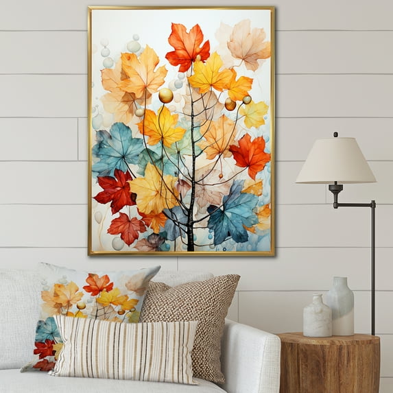 Designart "Palette Muted Leaves Autumn wall decor IV" Floral & Botanical Floater Framed Wall Decor