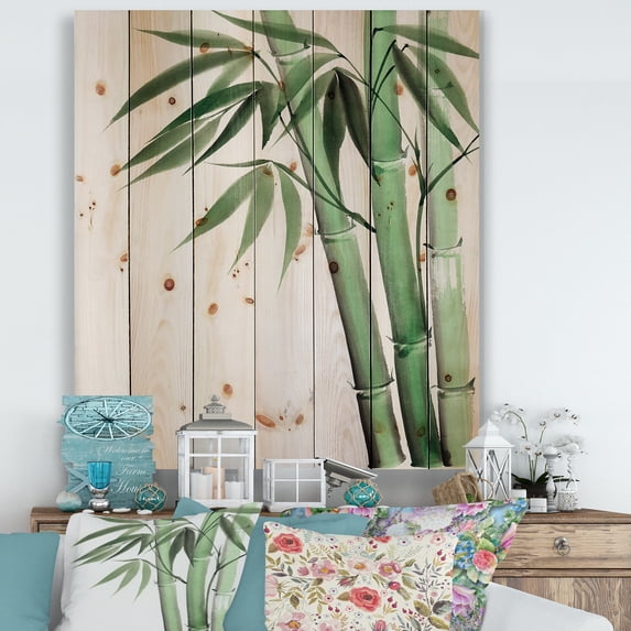 Designart 'Palm Bamboo Detail On White II' Traditional Print on Natural Pine Wood