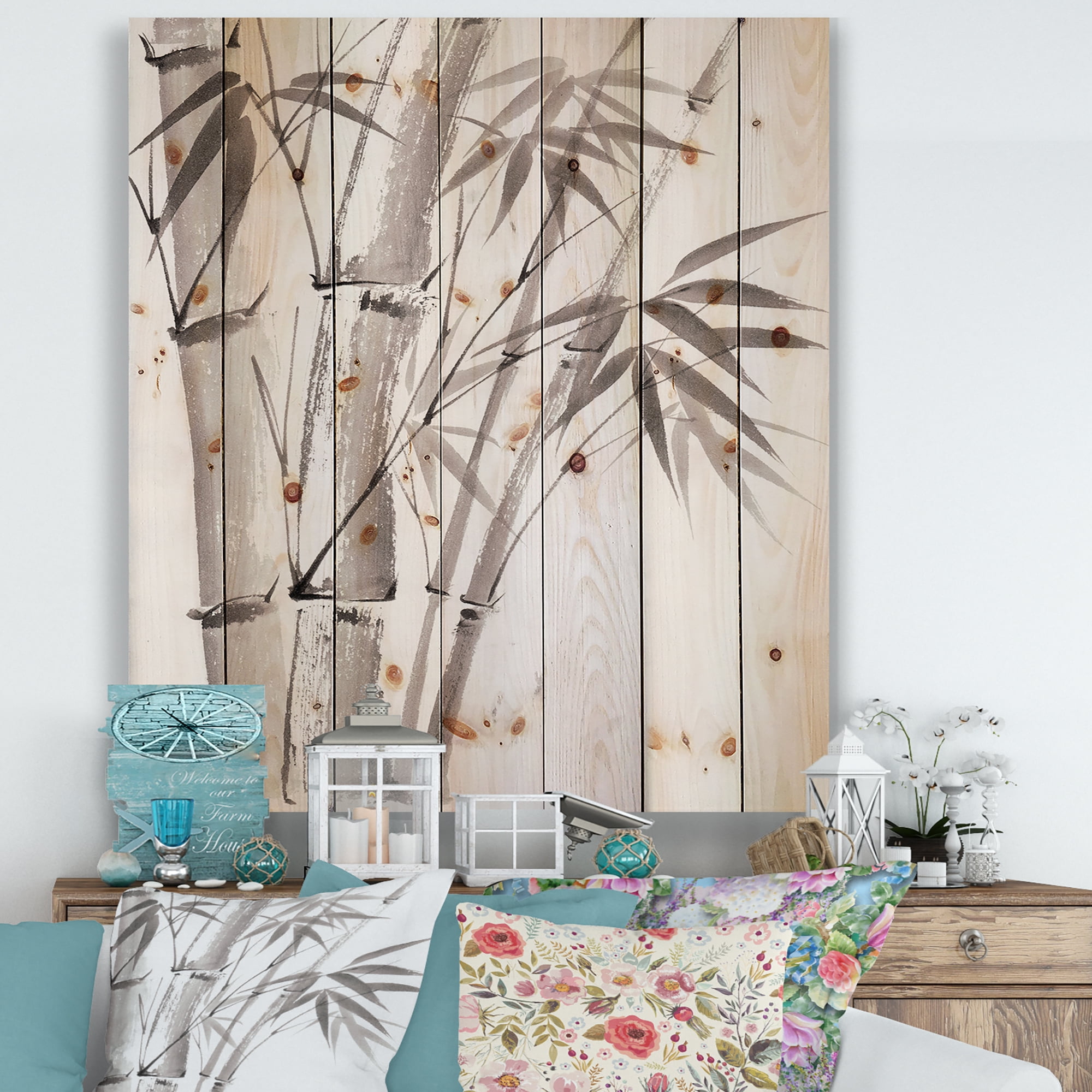 Designart 'Palm Bamboo Detail On White III' Traditional Print on Natural Pine Wood