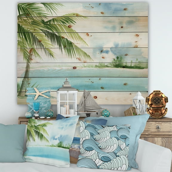 Designart 'Palm Beach Resort At Sunrise I' Nautical & Coastal Print on Natural Pine Wood