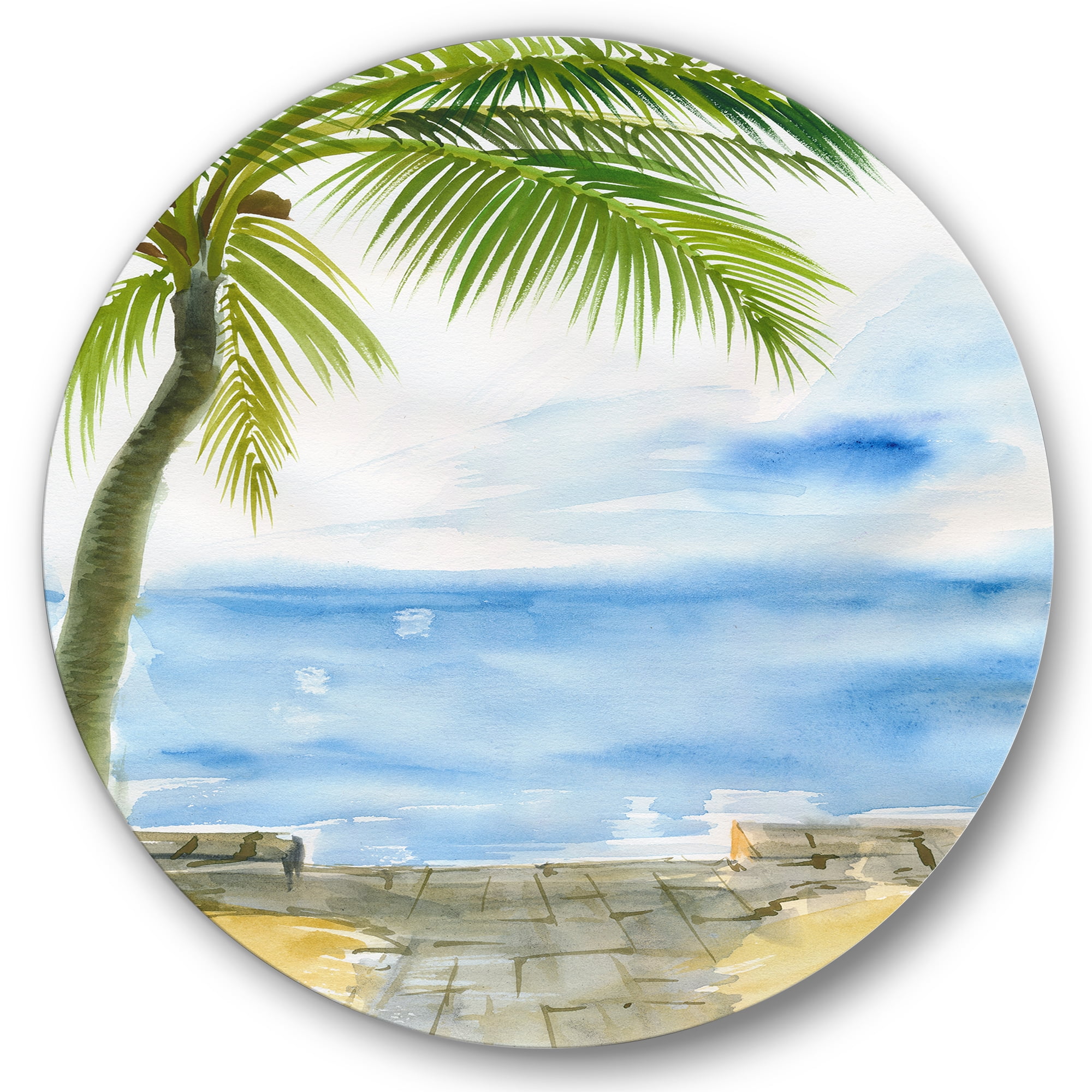 Designart 'Palm Beach Resort At Sunrise II' Nautical & Coastal Circle Metal Wall Art 29x29 - Disc of 29