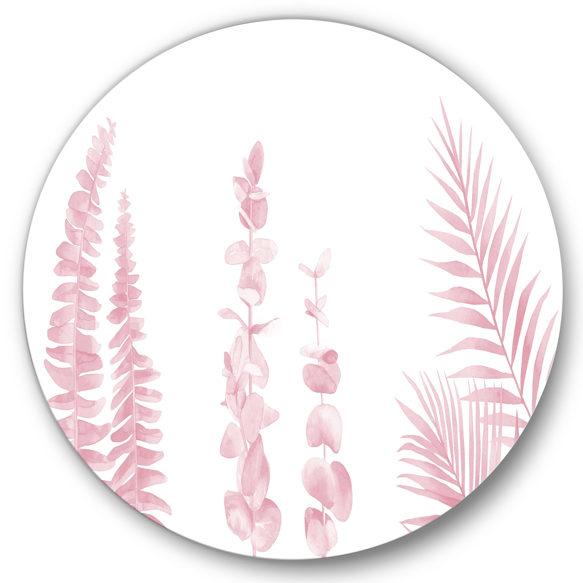 Designart 'Palm Branches and Blush Pinkeucalyptus' Shabby Chic Circle Metal Wall Art 23x23 - Disc of 23