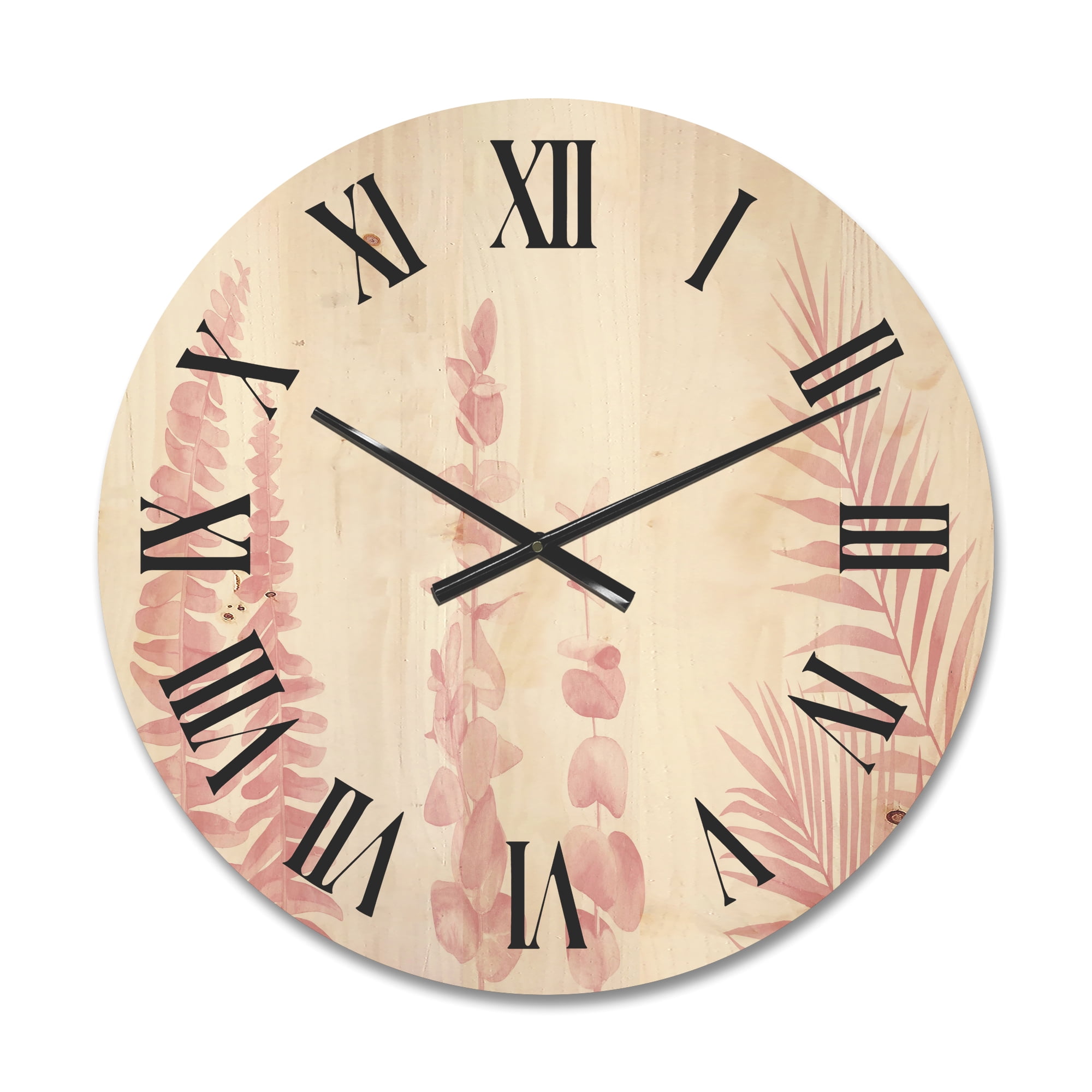 Designart 'Palm Branches and Blush Pinkeucalyptus' Shabby Chic Wood Wall Clock