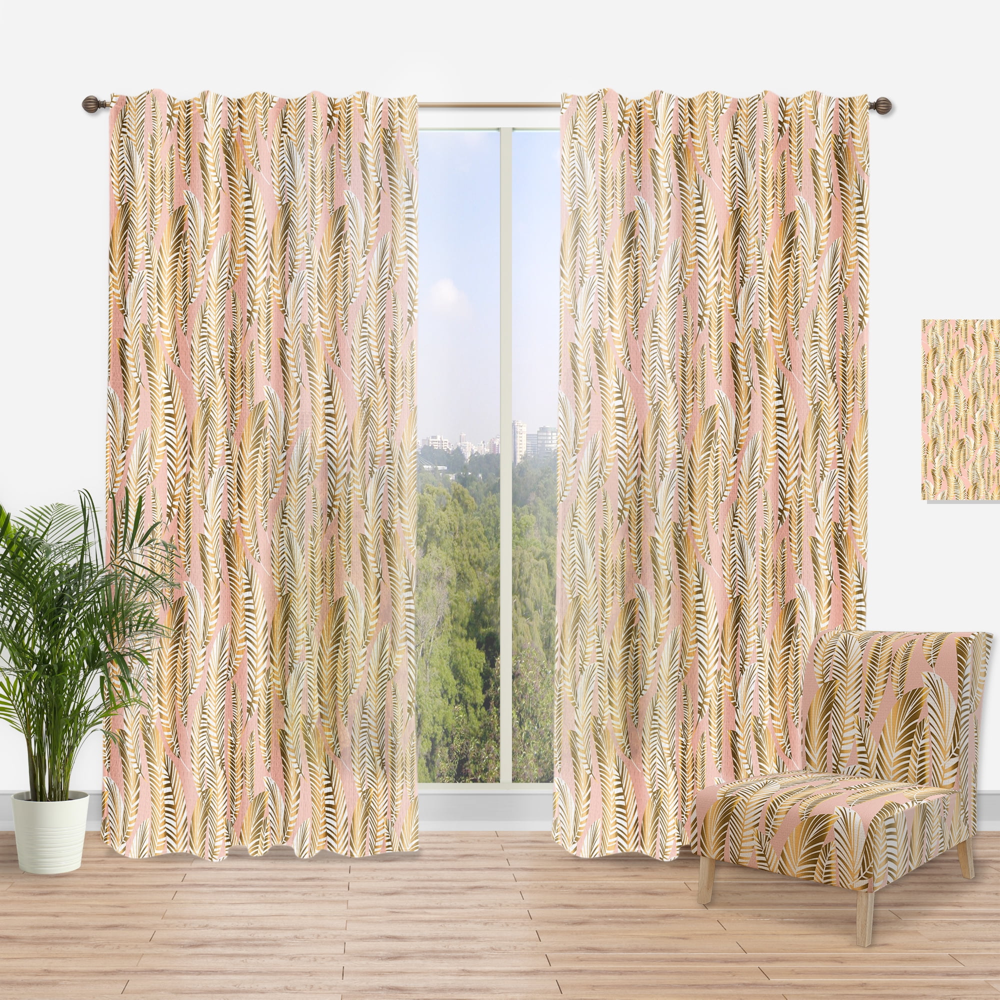 Designart 'Palm Golden Leaves I' Mid-Century Modern Curtain Panel