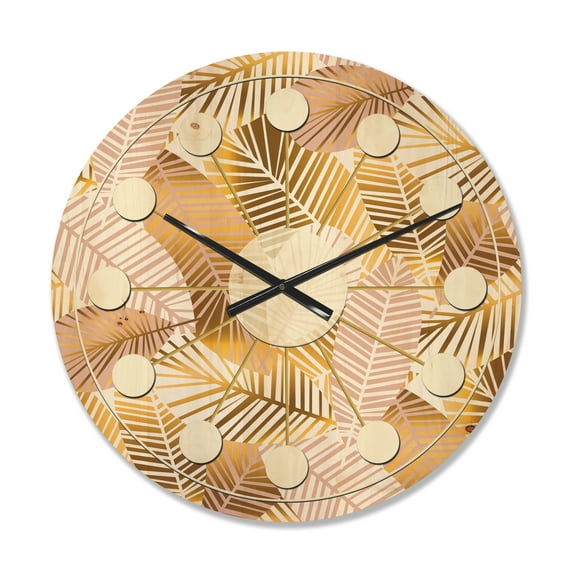 Designart 'Palm Golden Leaves II' Mid-Century Modern Wood Wall Clock