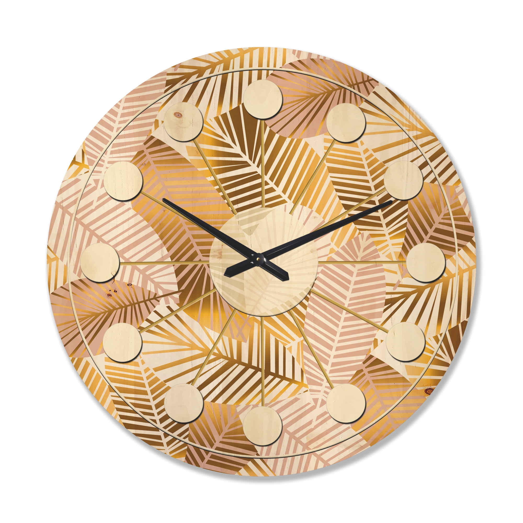 Designart 'Palm Golden Leaves II' Mid-Century Modern Wood Wall Clock