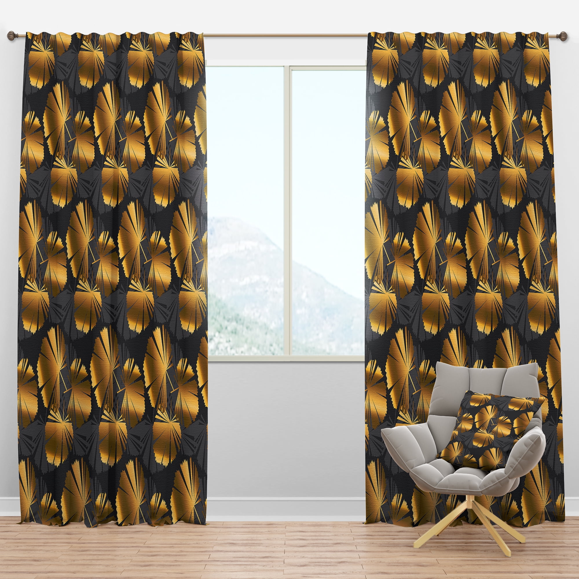 Designart 'Palm Golden Leaves III' Mid-Century Modern Blackout Curtain Panel