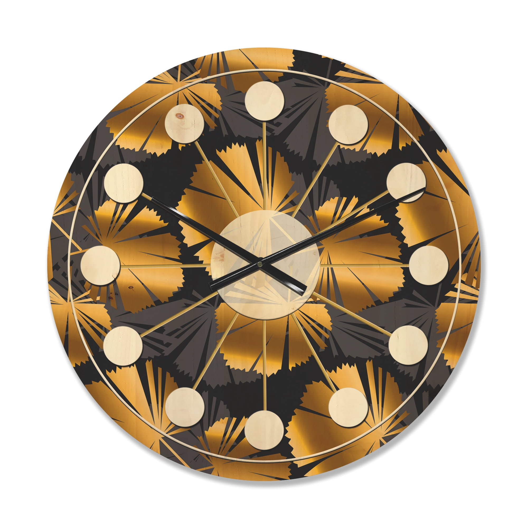 Designart 'Palm Golden Leaves III' Mid-Century Modern Wood Wall Clock