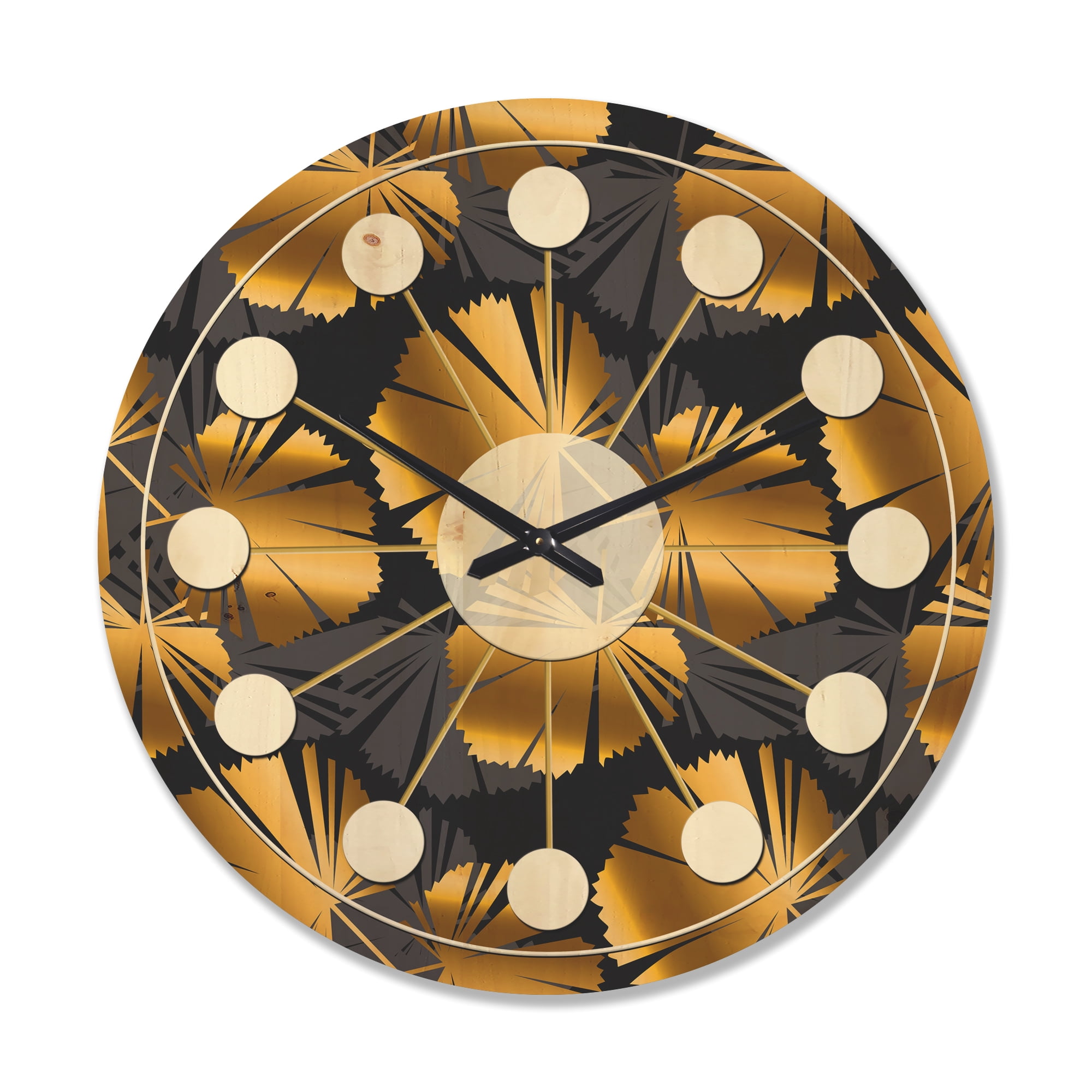Designart 'Palm Golden Leaves III' Mid-Century Modern Wood Wall Clock