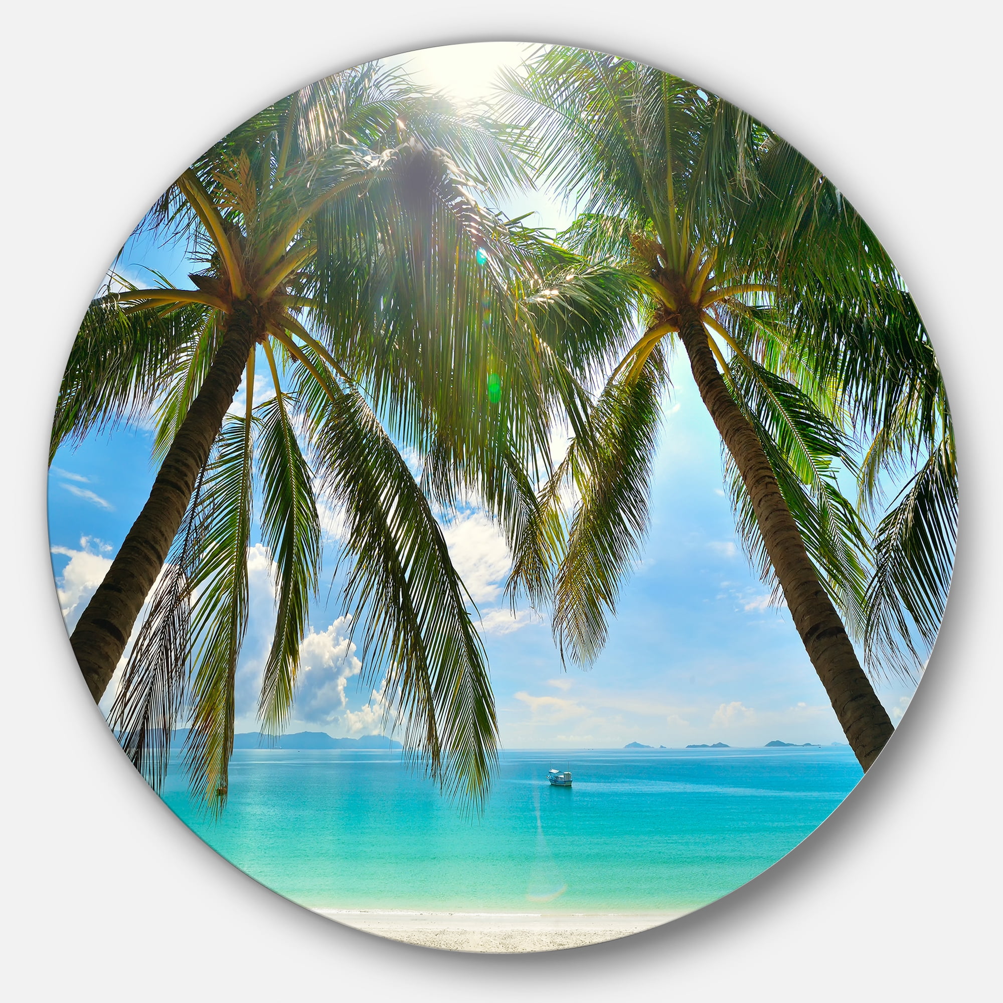 Palm Hanging Over Sandy White Beach Metal Circle Wall Art, 23" x 23"