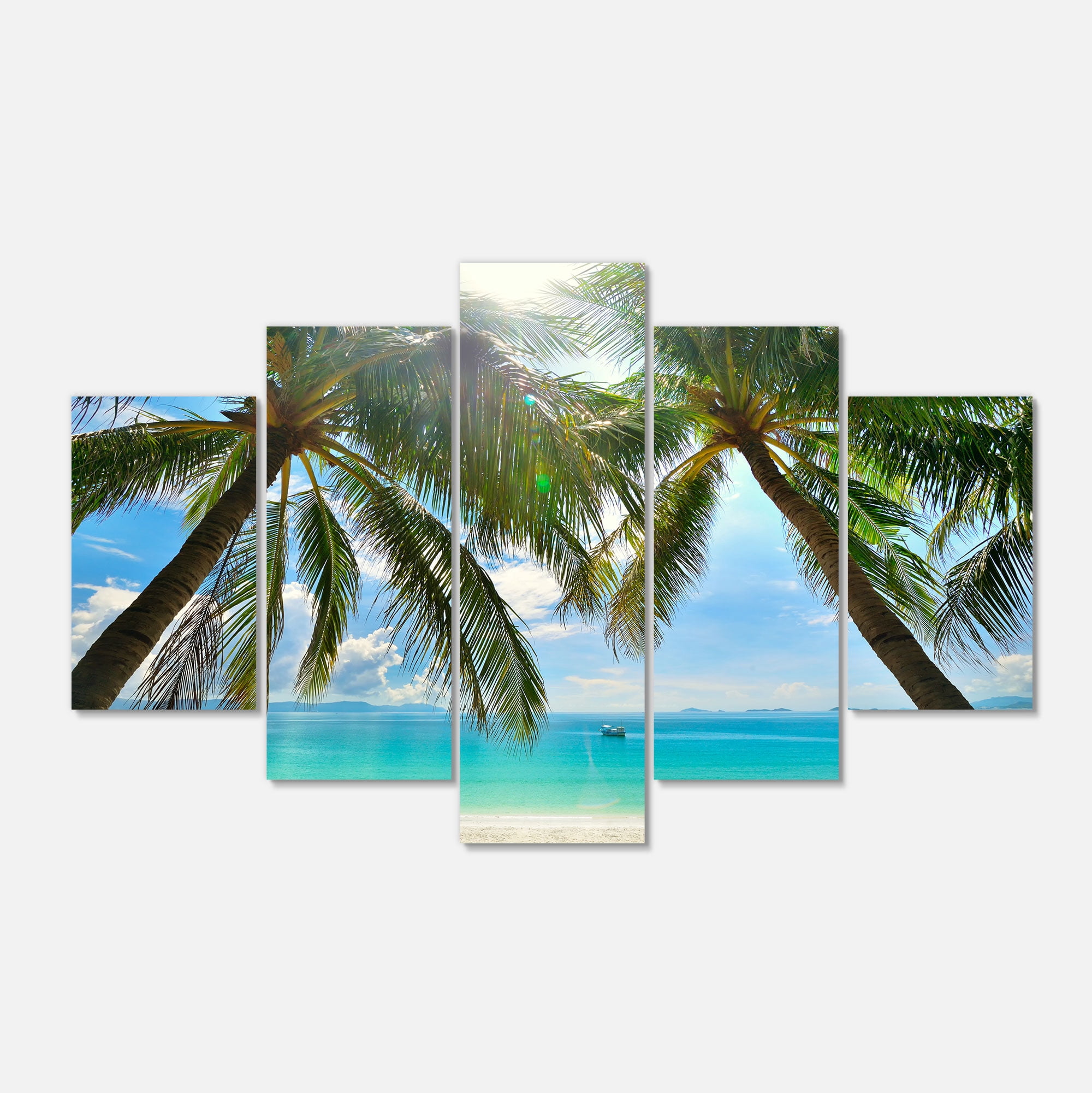 Designart 'Palm Hanging over Sandy White Beach ' Seashore Photo Canvas Art Print