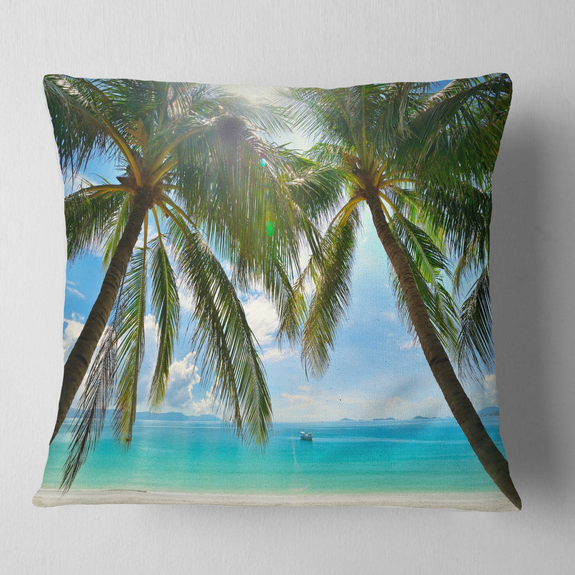 Designart Palm Hanging over Sandy White Beach - Seashore Photo Throw Pillow - 16x16