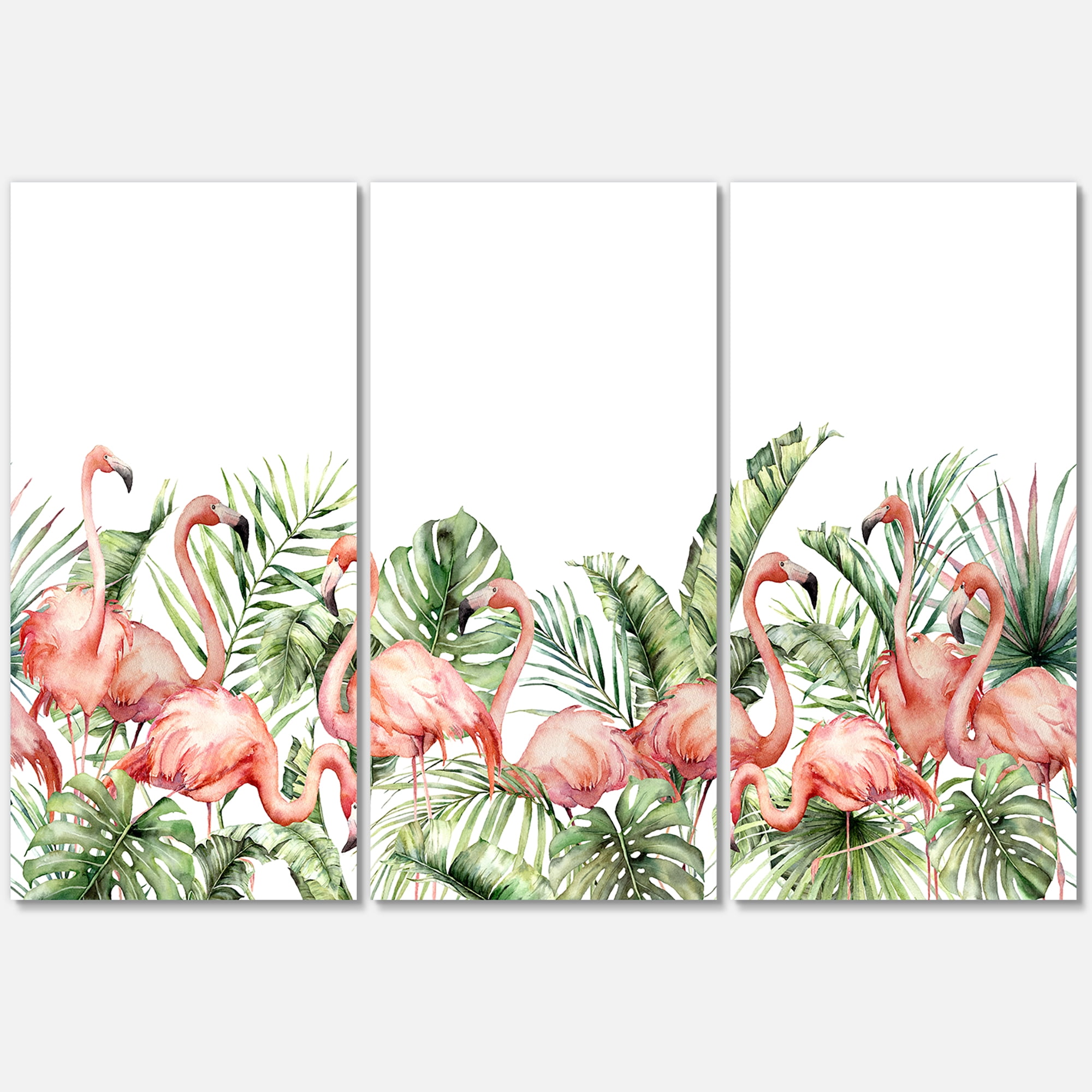 Designart ' Palm Leaves and Pink Flamingos Tropical Birds ' Traditional Canvas Wall Art Print
