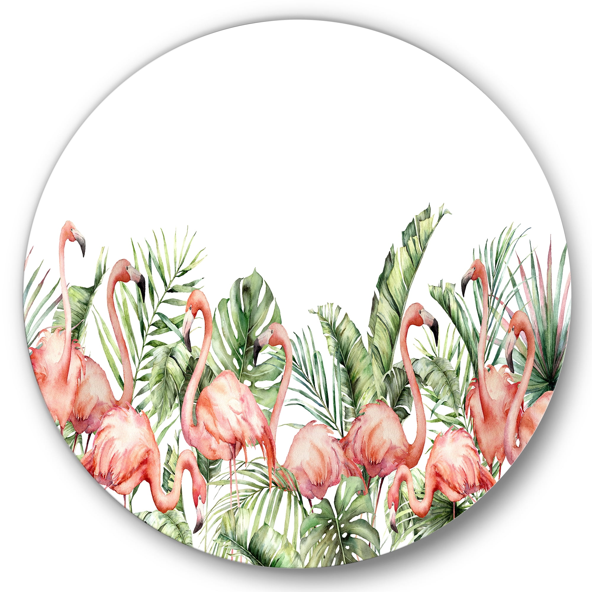 Designart 'Palm Leaves and Pink Flamingos Tropical Birds' Traditional Circle Metal Wall Art 36x36 - Disc of 36