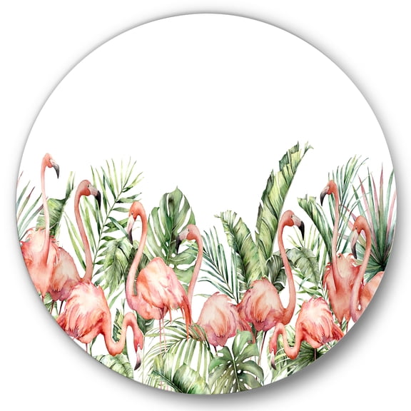 Designart 'Palm Leaves and Pink Flamingos Tropical Birds' Traditional Circle Metal Wall Art 36x36 - Disc of 36