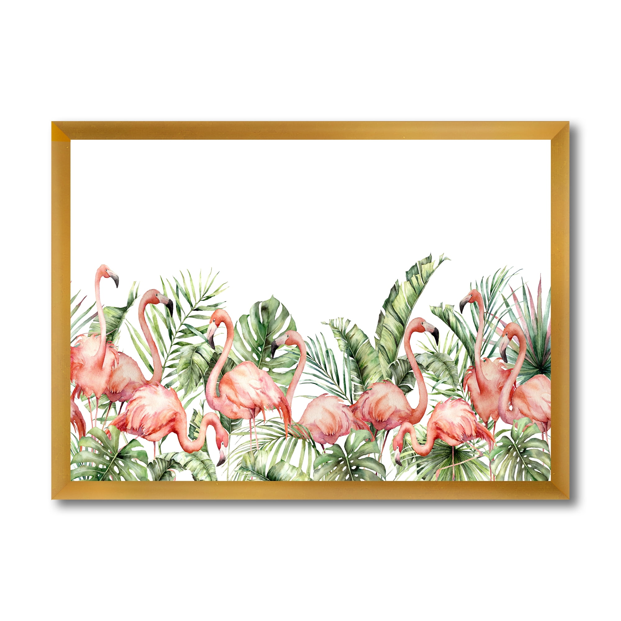 Designart 'Palm Leaves and Pink Flamingos Tropical Birds' Traditional Framed Art Print