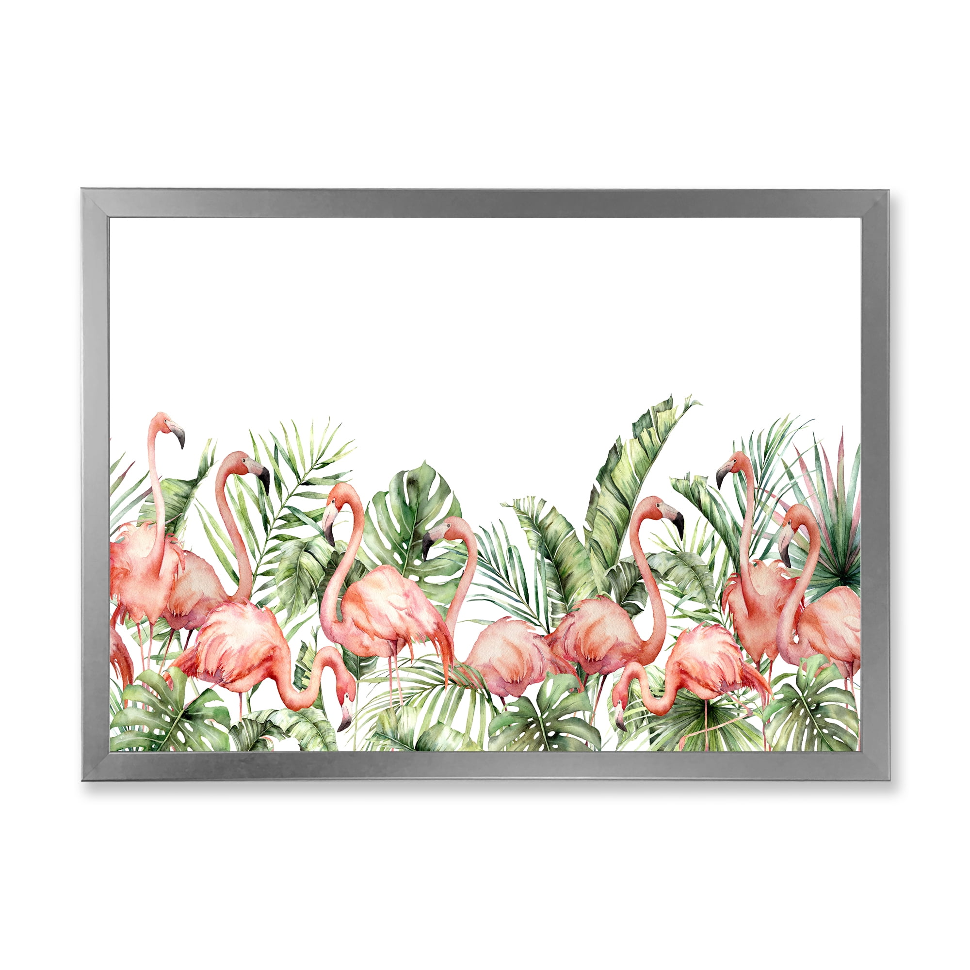 Designart 'Palm Leaves and Pink Flamingos Tropical Birds' Traditional Framed Art Print