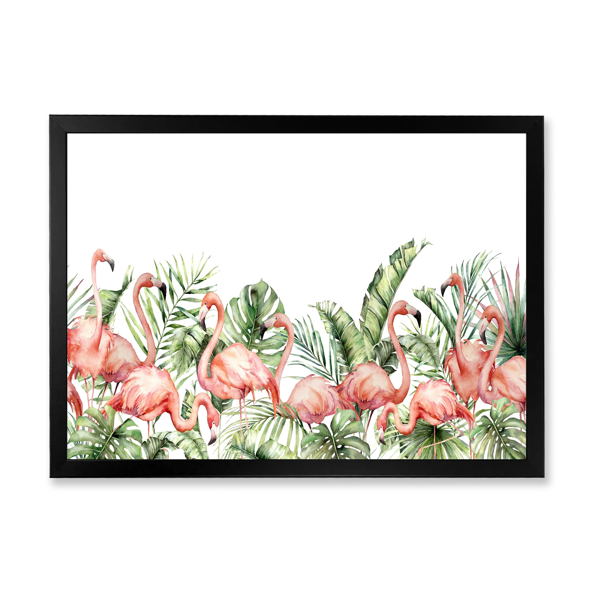 Designart 'Palm Leaves and Pink Flamingos Tropical Birds' Traditional Framed Art Print