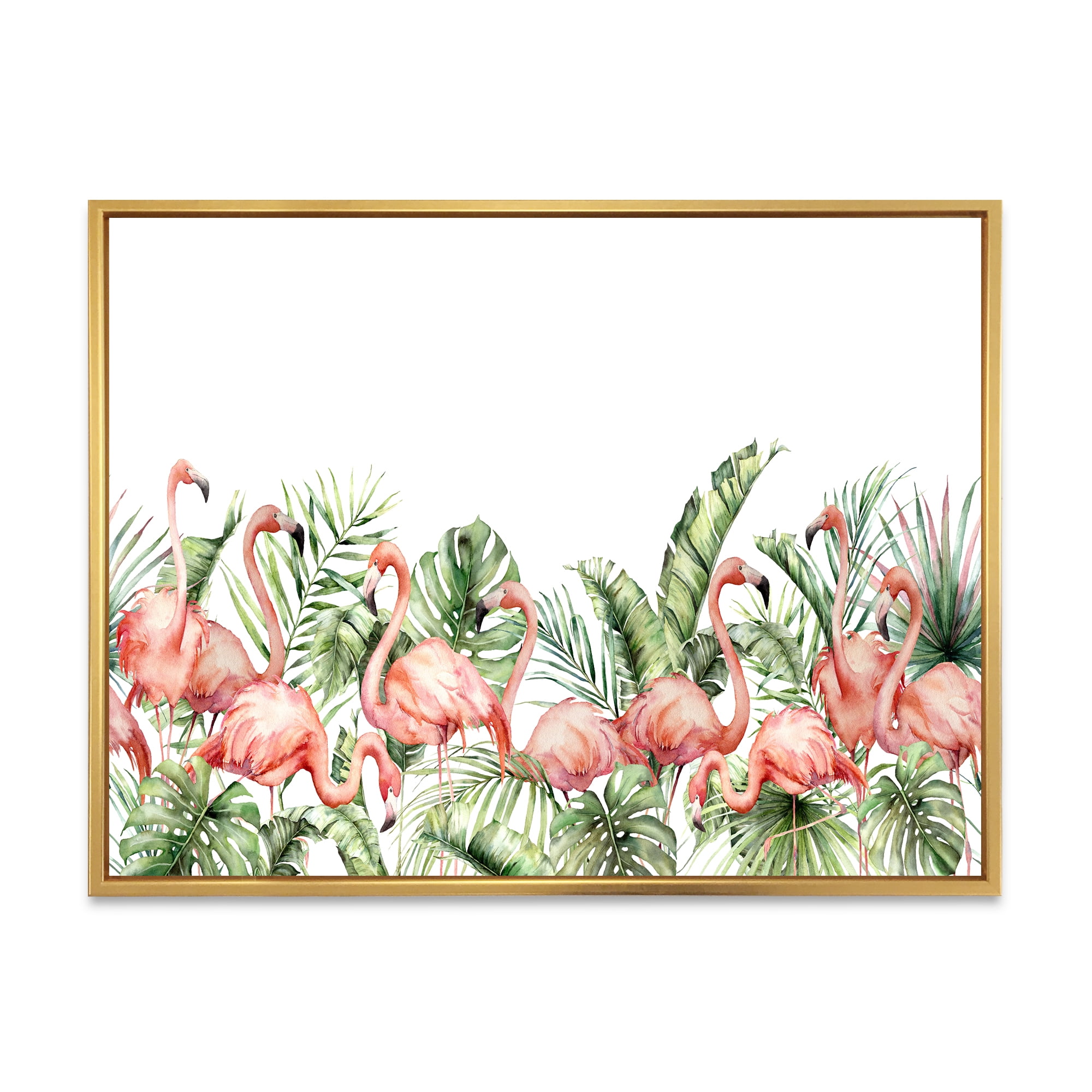 Designart 'Palm Leaves and Pink Flamingos Tropical Birds' Traditional Framed Canvas Wall Art Print