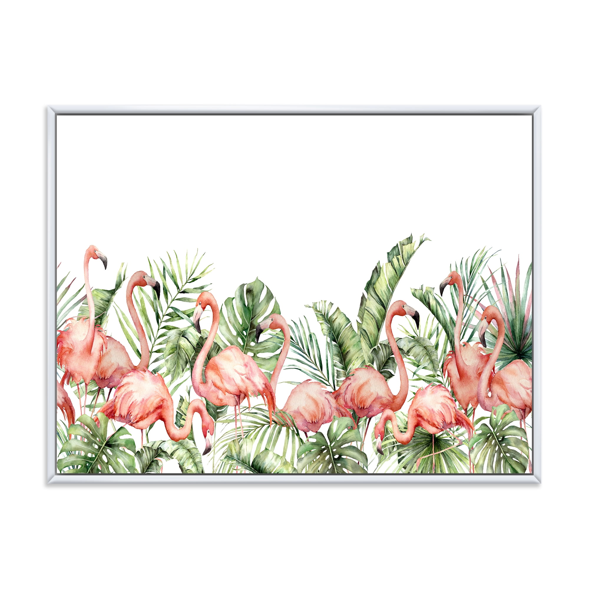 Designart 'Palm Leaves and Pink Flamingos Tropical Birds' Traditional Framed Canvas Wall Art Print