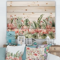 Designart 'Palm Leaves and Pink Flamingos Tropical Birds' Traditional Print on Natural Pine Wood