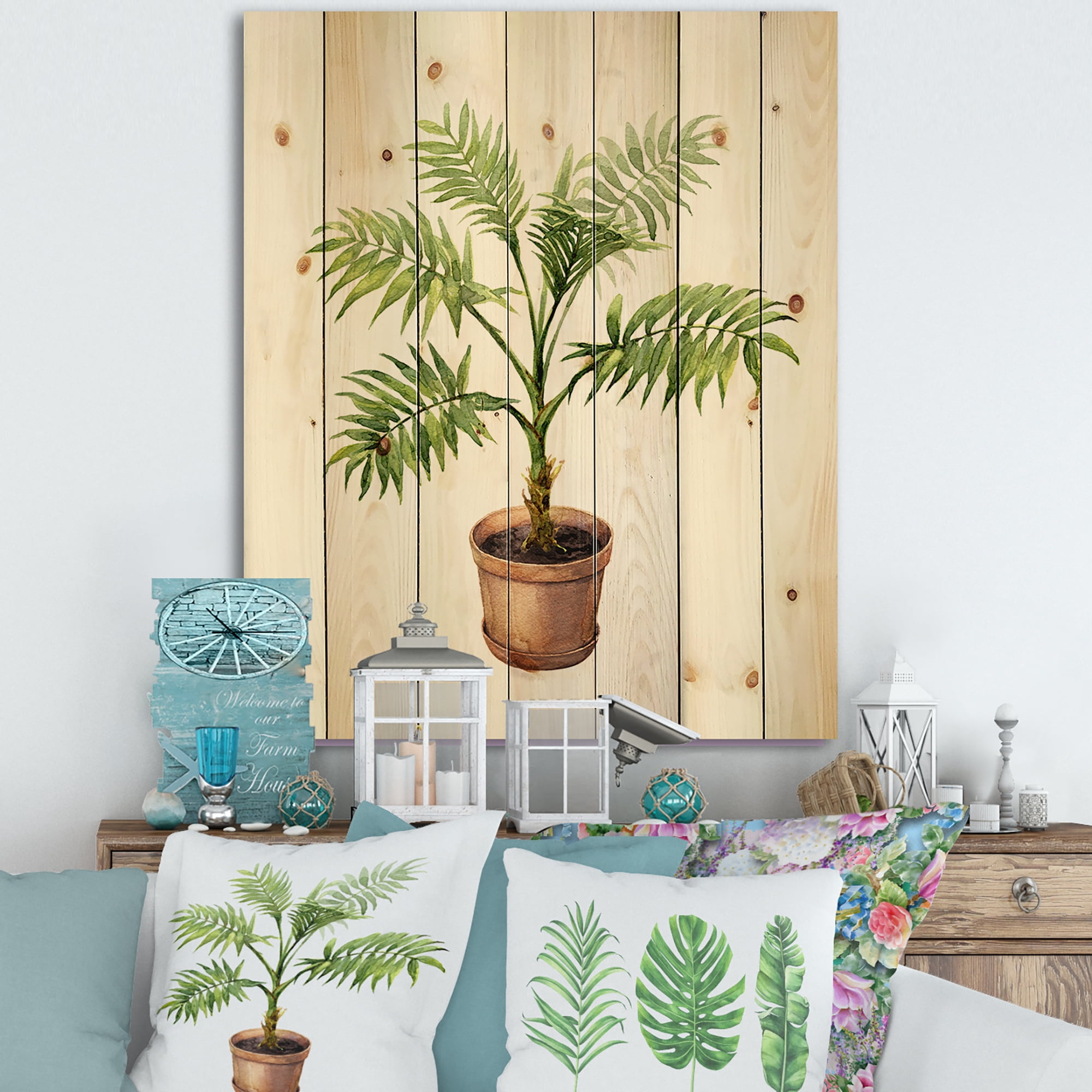 Designart 'Palm Plant In Clay Flowerpot' Traditional Print on Natural Pine Wood