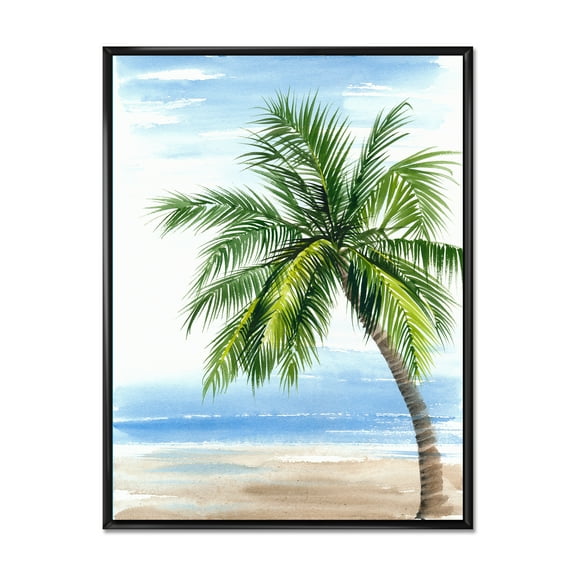Designart 'Palm Tree At The Beach' Nautical & Coastal Framed Canvas Wall Art Print