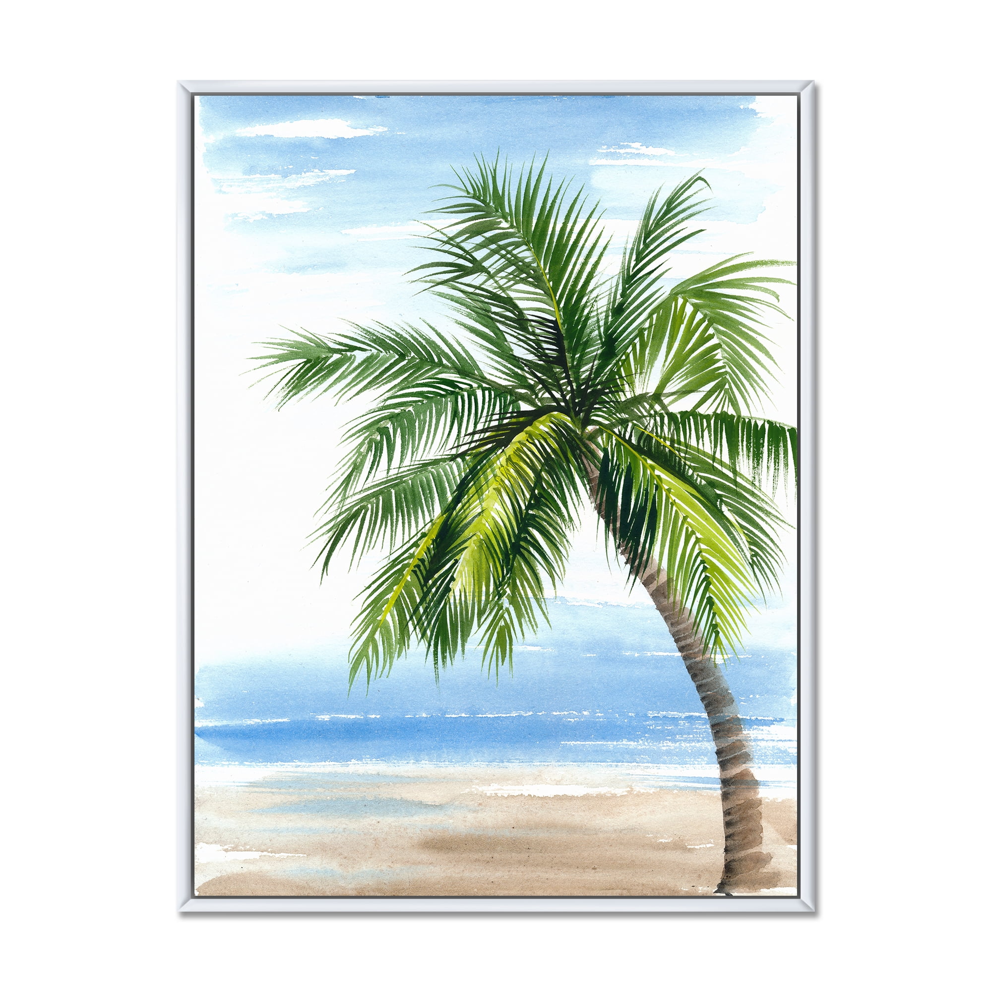 Designart 'Palm Tree At The Beach' Nautical & Coastal Framed Canvas Wall Art Print