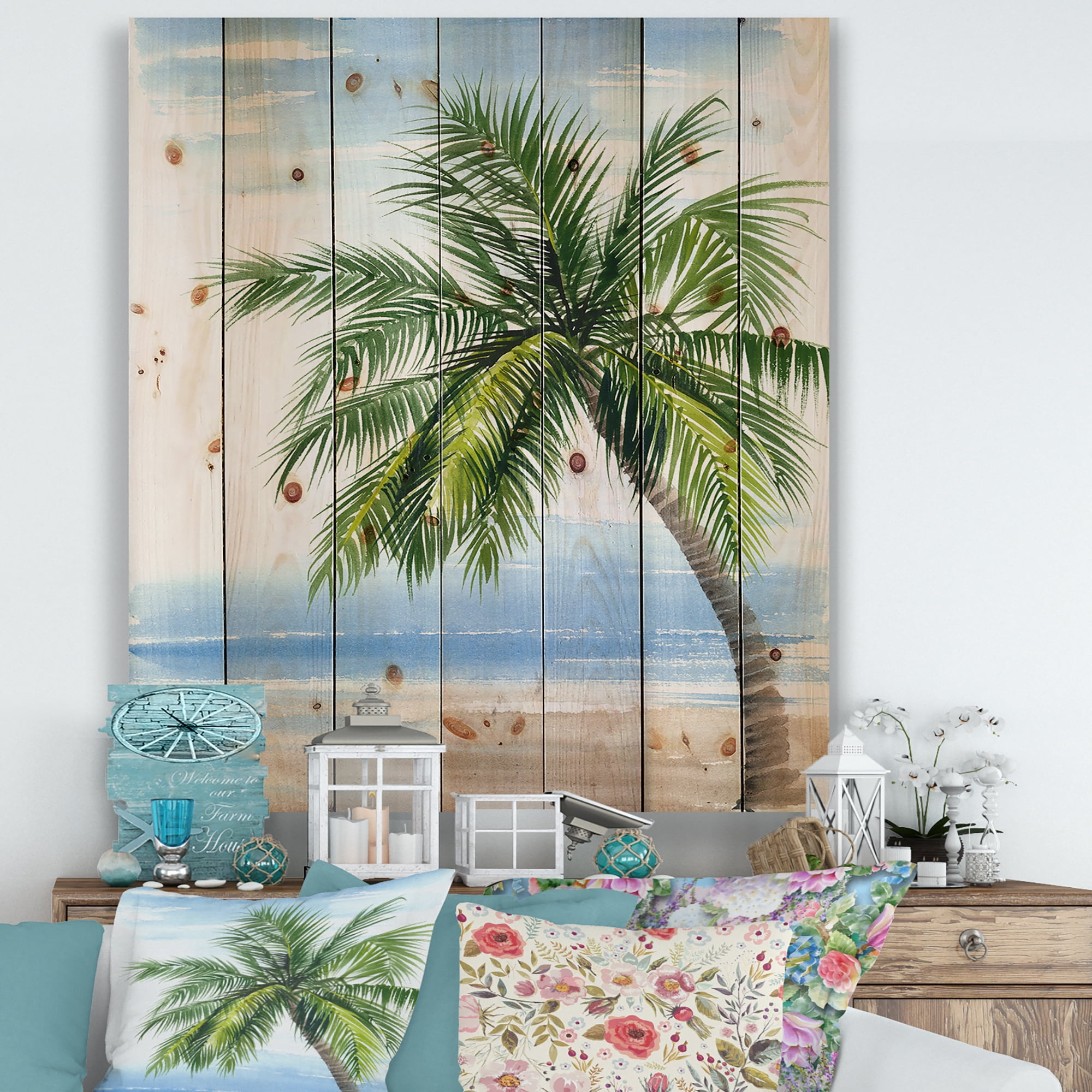 Designart 'Palm Tree At The Beach' Nautical & Coastal Print on Natural Pine Wood