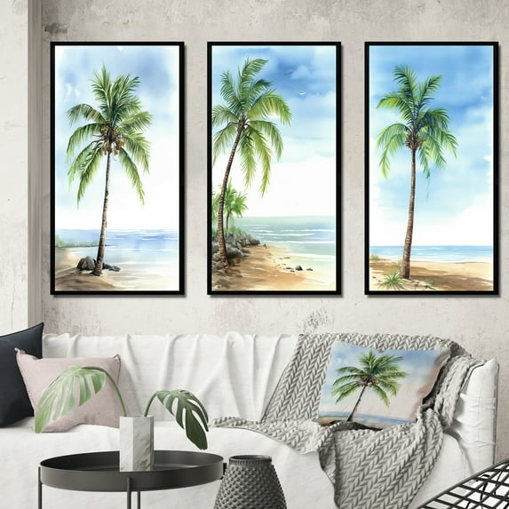 Designart "Palm Tree at a Tropical Beach Resort VII" Palms & Palm Trees Framed Wall Art Set Of 3 - Green Palms & Palm Trees Frame Gallery Wall Set For Home Decor