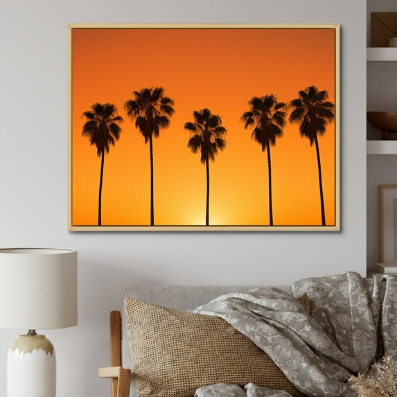 Designart "Palm Trees In The Golden Sunrise" Palms & Palm Trees Floater Framed Canvas Prints