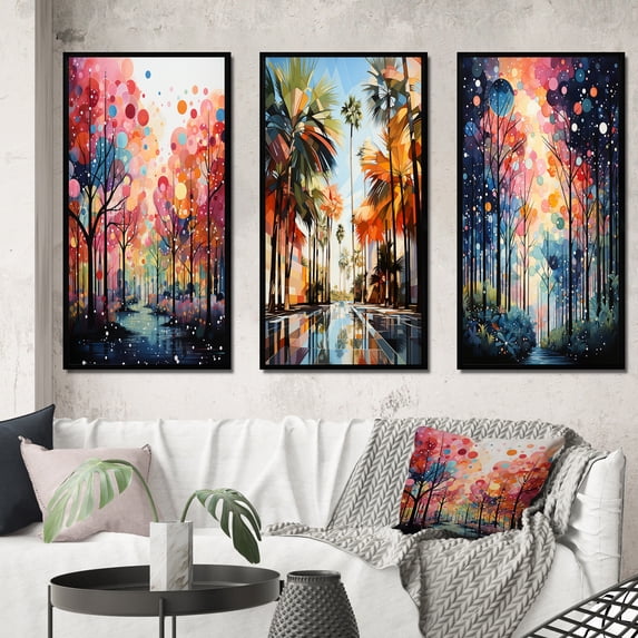 Designart "Palm Trees Midcentury composition II" Floral Framed Wall Art Set Of 3 - Multi-Color Palms & Palm Trees Frame Gallery Set For Office Decor