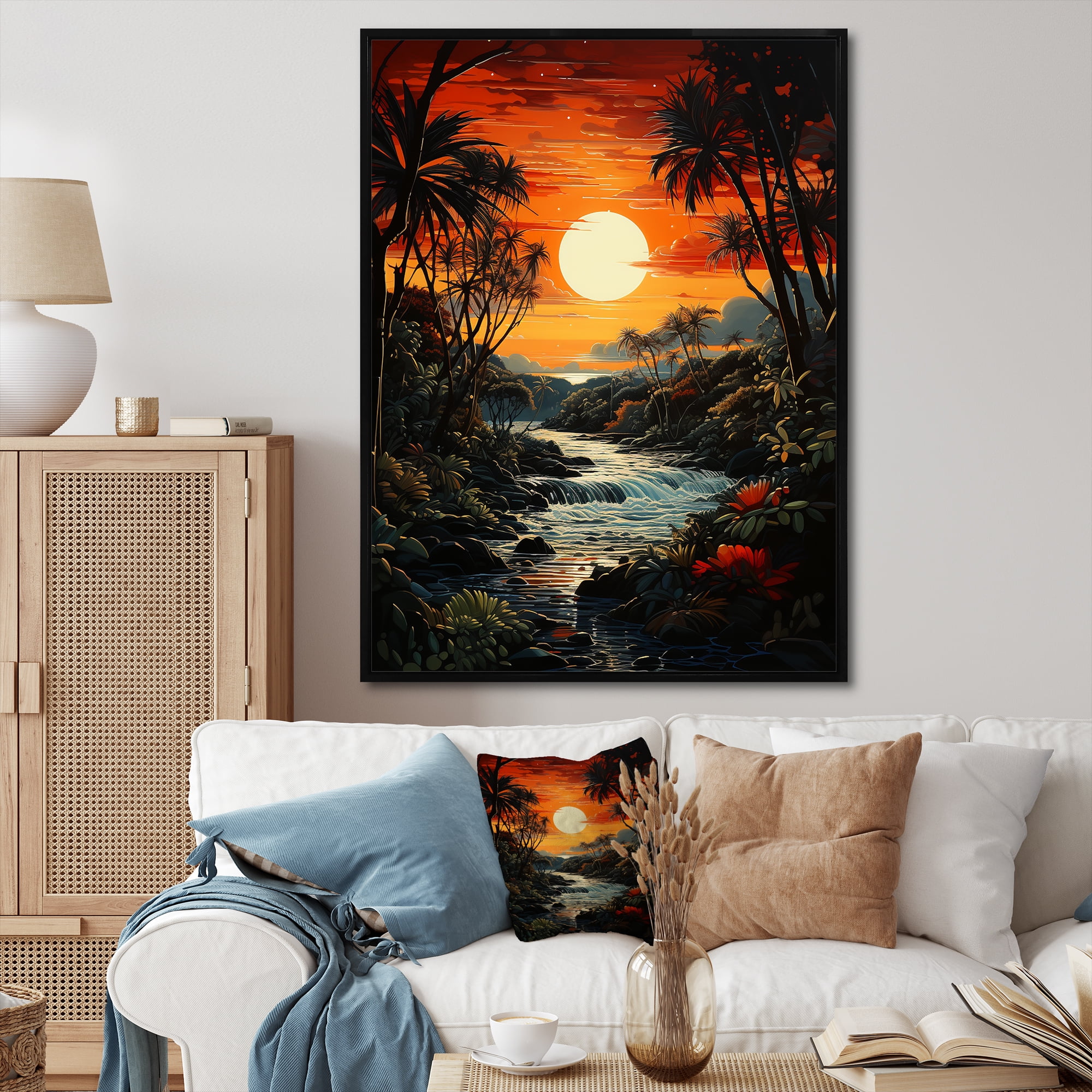 Sunset Palm Trees Abstract Canvas Painting with Black Frame