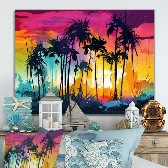 Designart "Palm Trees Vibrant III" Modern Landscape Beach Metal Art Living Room