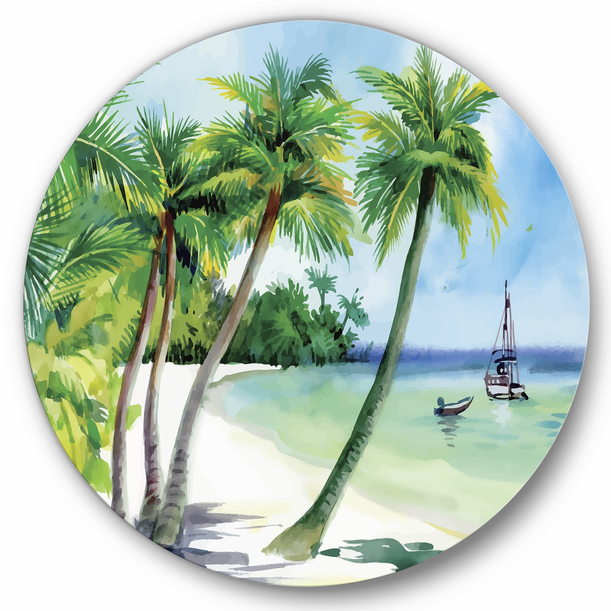 Designart 'Palm Trees With Summer Beach' Nautical & Coastal Circle Metal Wall Art 29x29 - Disc of 29